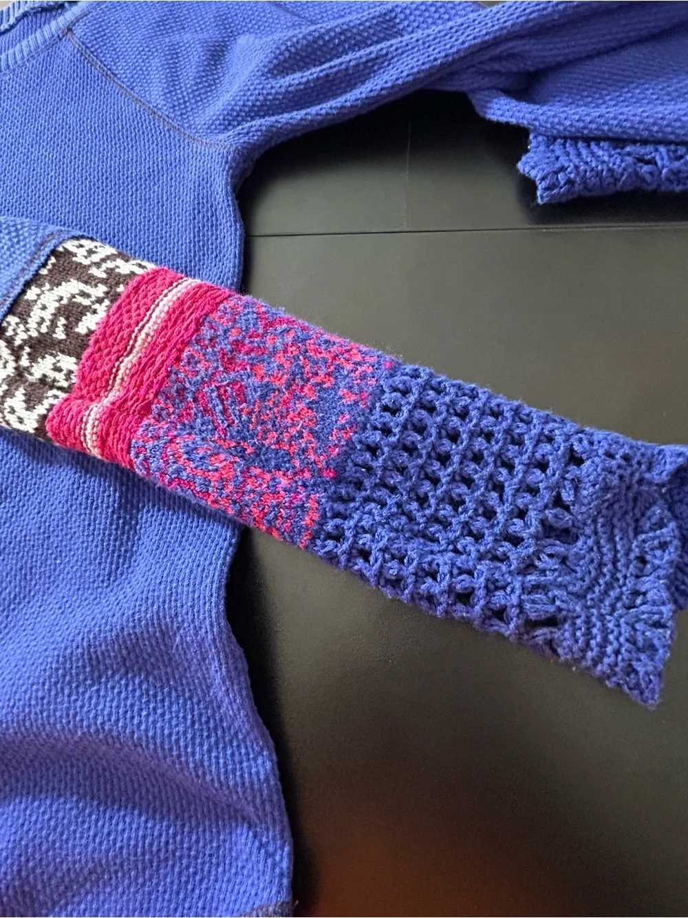 Free People Blue Waffle Knit Thermal Top XS Crochet Fair Isle Cuff